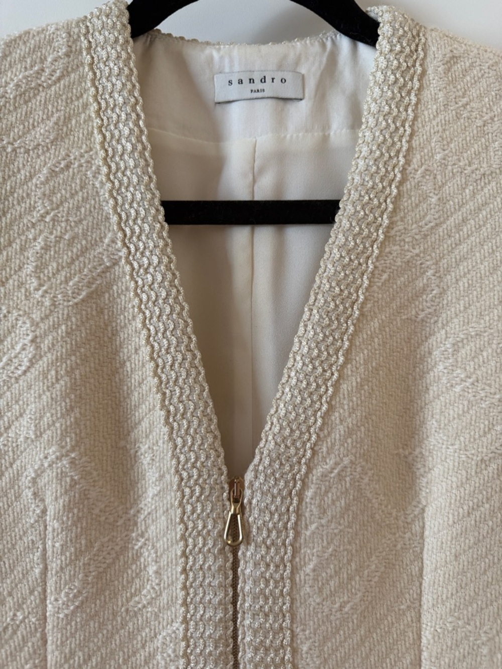 Sandro Cream Tweed Short Sleeve Shift Dress with Gold Trim - Picture 5 of 7